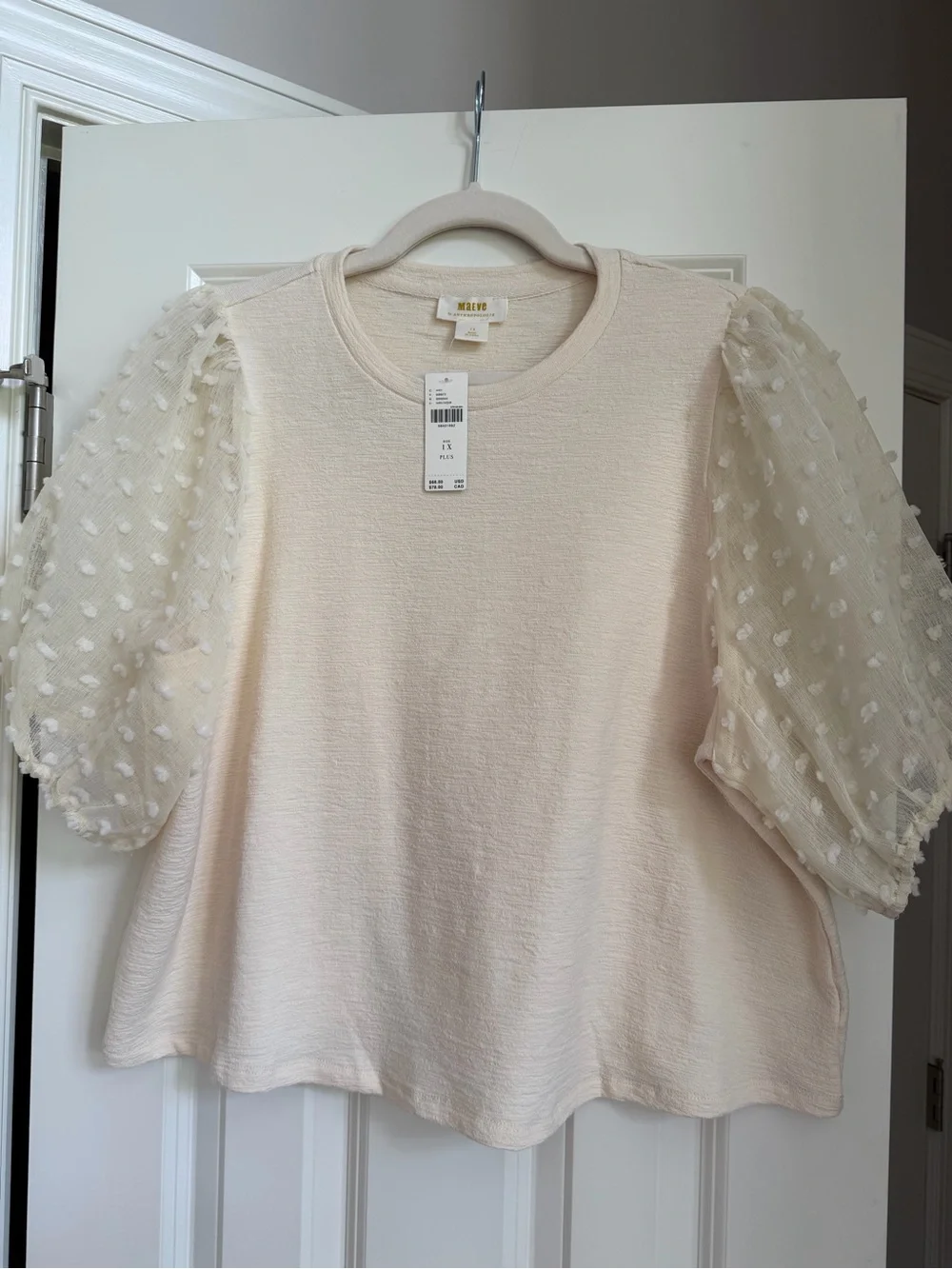 NWT Maeve Anthropologie Ivory Cream Puff Sleeve Swiss Dot Textured Blouse Sz 1X